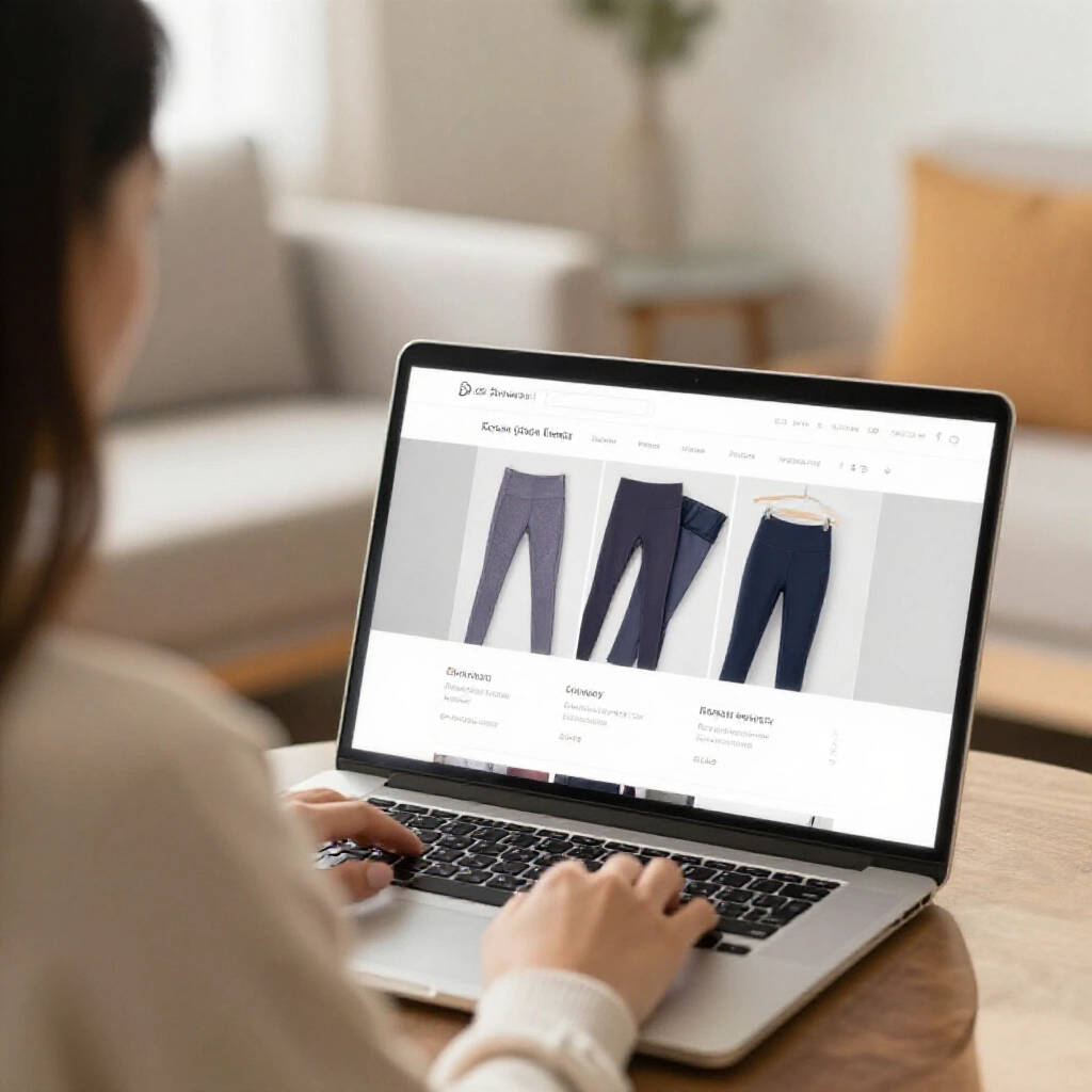 woman browsing Andar yoga pants on Korean global website laptop screen showing Taiwan delivery options cozy modern living room soft morning light