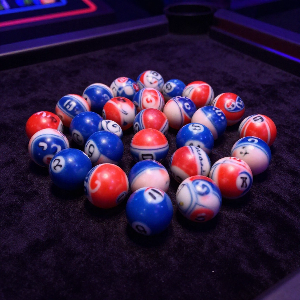 Cluster of forty-nine colorful lottery balls on a velvet surface, showing uneven hot and cold distribution in a dimly lit betting room