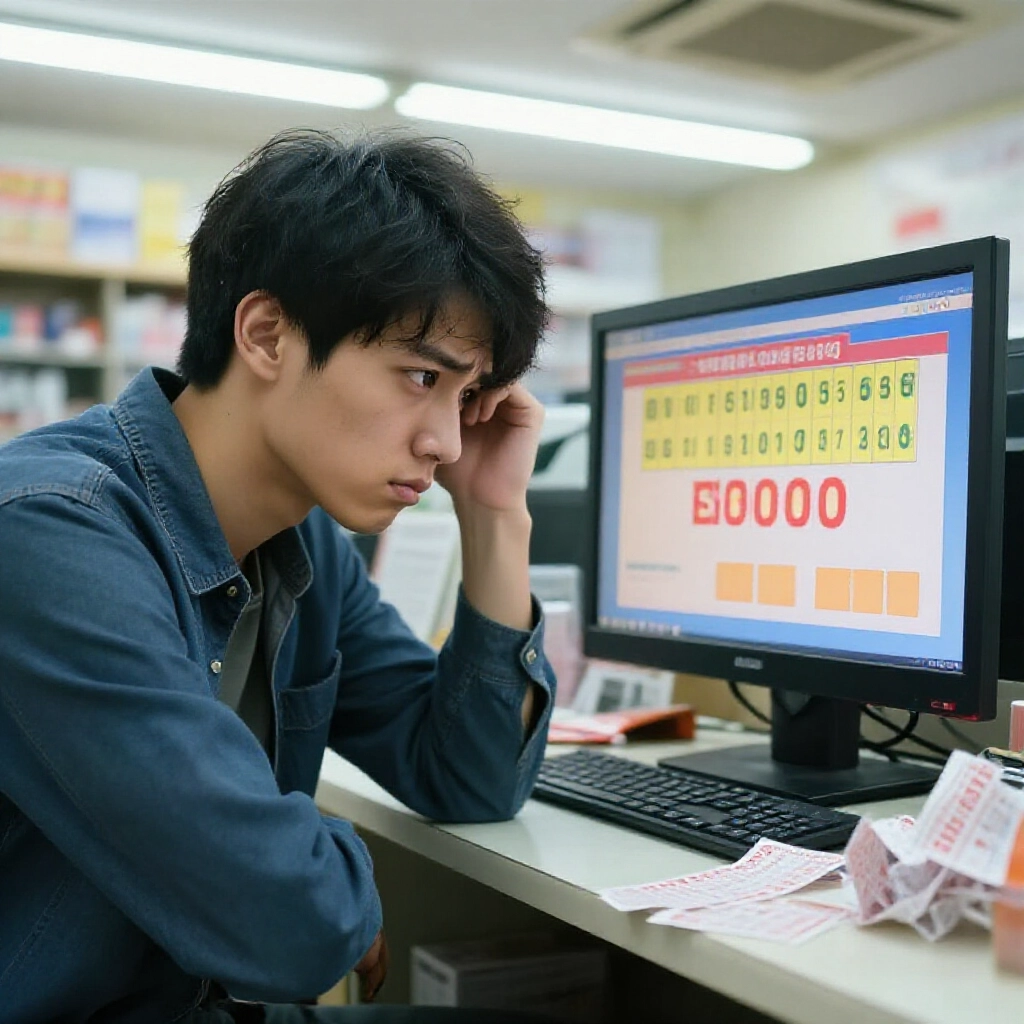 失望年輕男在台灣彩票店握著只中一個號碼的大樂透票,盯著螢幕上零獎金,旁邊散落皺巴巴彩票