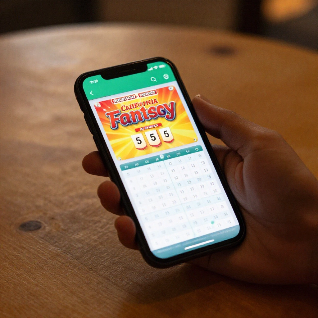 Smartphone displaying California Fantasy 5 lottery app with instant draw notifications and historical charts on a wooden table in warm evening light