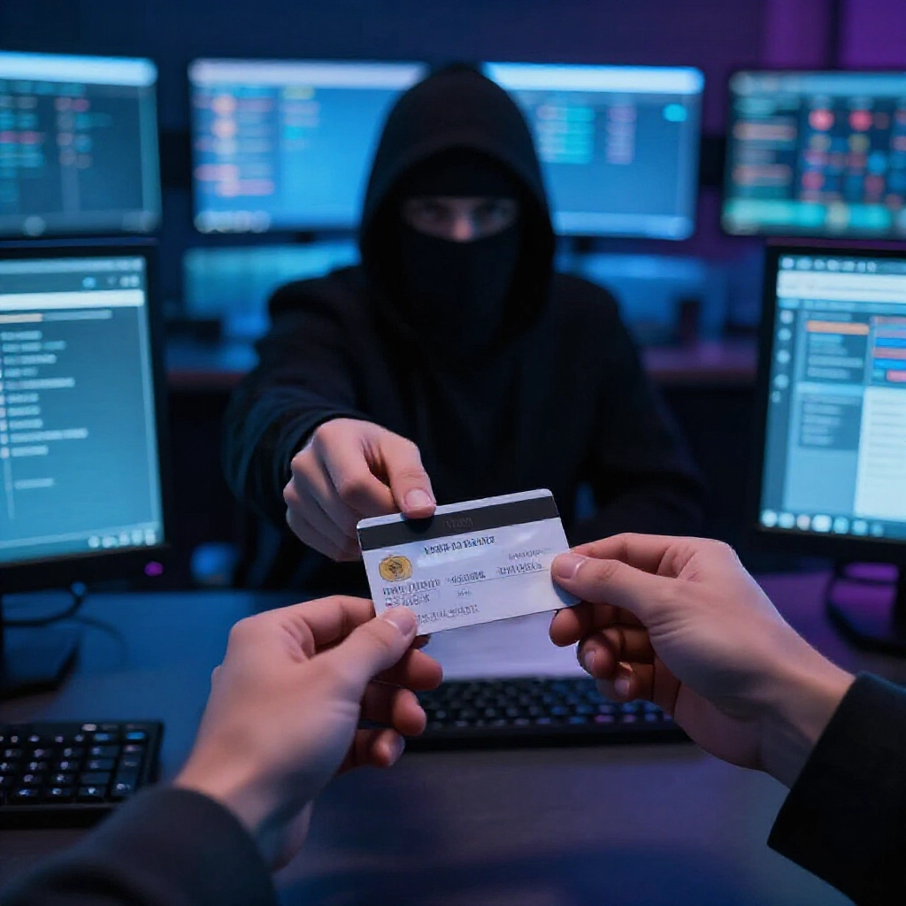 有人在昏暗辦公室把銀行卡和登入資訊交給神秘人士，周圍多台螢幕顯示小額轉帳匯入，隱約有賭場圖示，氣氛緊張，藍色霓虹燈光