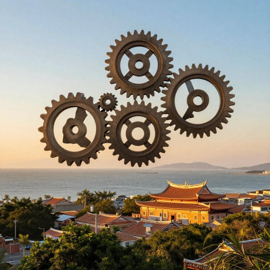 平穩權力結構如齒輪交錯，象徵嘉義平衡派系，在寧靜景觀中伴隨海岸線與古廟，金黃夕陽灑落，傳達地方長久穩定的意象