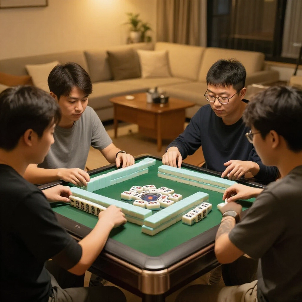 三位熱血台灣玩家圍在小巧麻將桌前，客廳燈光暖暖的，他們專注盯著簡化牌堆，準備開戰