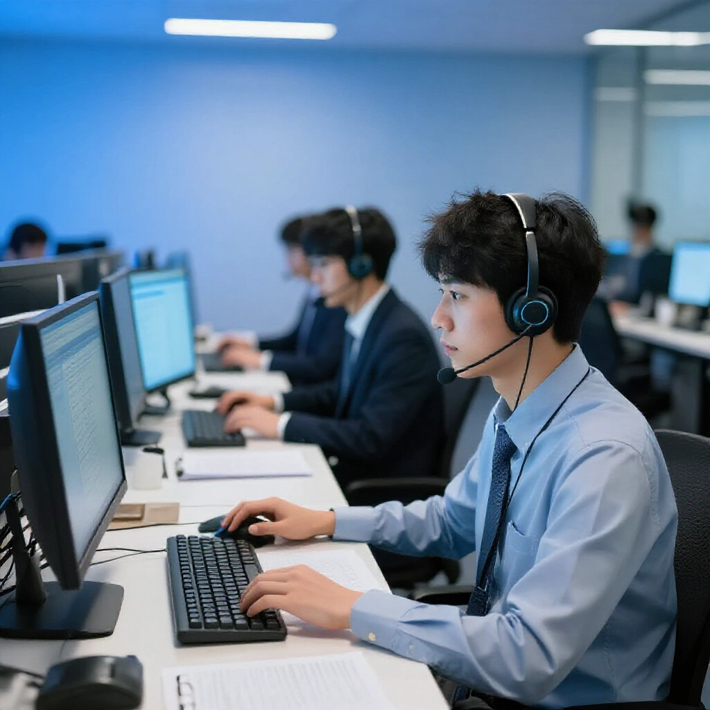 台灣現代客服中心,專員戴耳機處理運動彩券詢問,藍光照明下專業工作環境