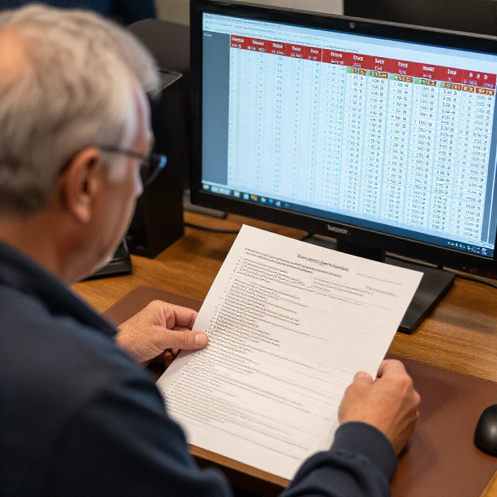 senior player examining printed historical records and computer screens displaying hot numbers patterns and drag card strategies for fantasy five game