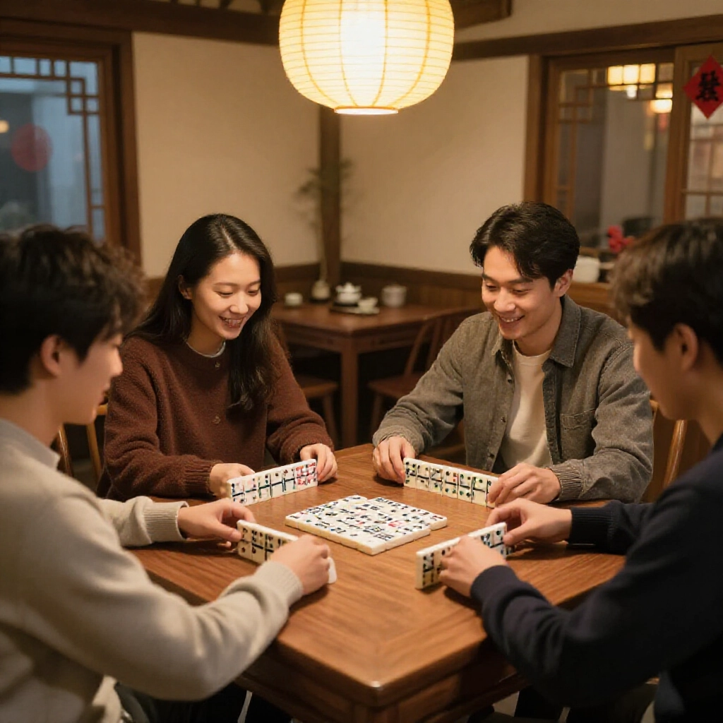 four friends gathered around a wooden table in a traditional Taiwanese tea room during Lunar New Year playing Tianjiu dominoes with red and green dots smiling and discussing strategies under warm lantern light
