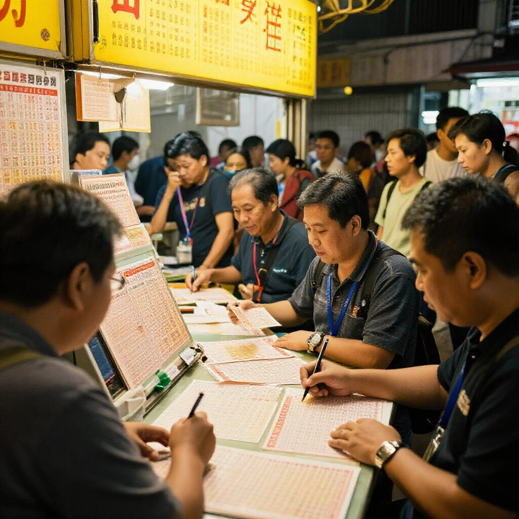 夜晚台灣彩票攤位熱鬧畫面,東南亞移工興奮塗選號碼