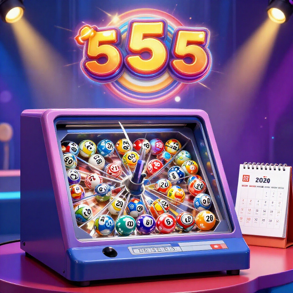 lottery drawing machine spinning colorful numbered balls from one to thirty nine in bright studio lights with fantasy five logo and 2020 calendar nearby