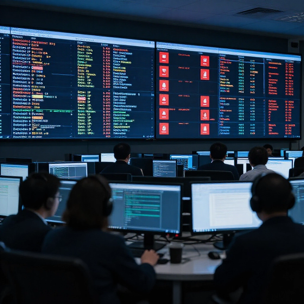 銀行控制室螢幕顯示午夜小額匯入匯出快速流動，異常外國IP登入，AML系統紅色警示亮起，分析師在低光環境監控高科技介面
