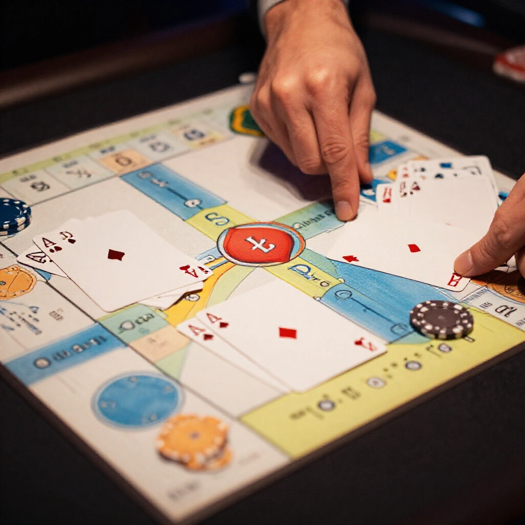 closeup of strategy chart abbreviations H S D P highlighted with sample hand combinations and dealer cards in dim casino ambiance