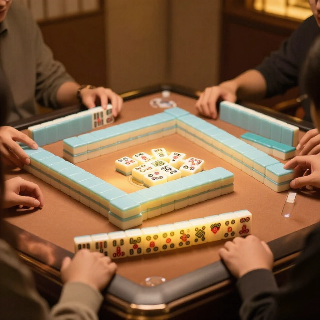 Mahjong table with Taiwanese tiles arranged in four triplets and one eye pair glowing softly under warm room lights surrounded by focused players examining the bump bump hu hand