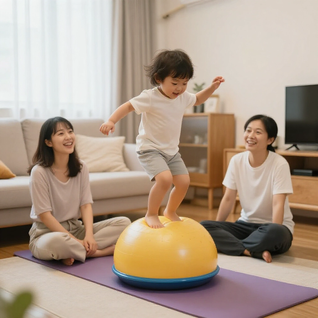 活潑幼童在台灣小公寓客廳跳大龍球,瑜伽墊底下爸媽監督,溫馨安全氛圍