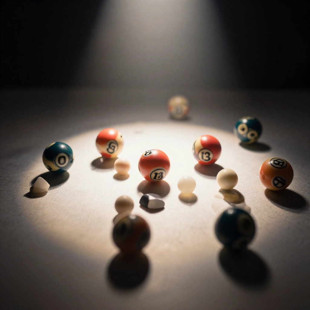 Dynamic lottery drawing scene with numbered balls scattered on a table, some fading into shadows under dramatic spotlight lighting, evoking long-missed draws