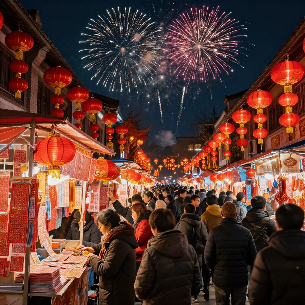 熱鬧春節街頭民眾搶購彩券,紅燈籠高掛煙火滿天