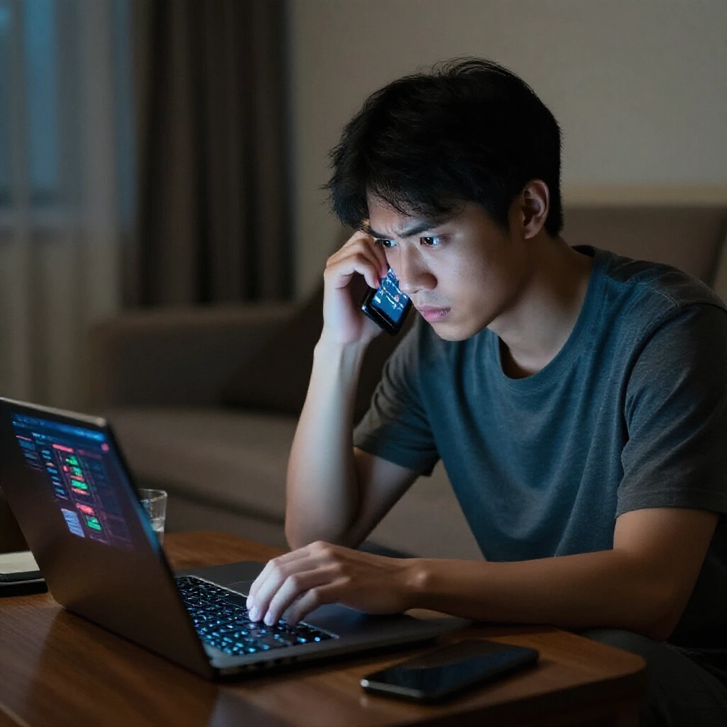 年輕男子在昏暗公寓裡盯著筆電和手機,螢幕顯示線上投注介面,神情緊張,台灣居家夜間氛圍