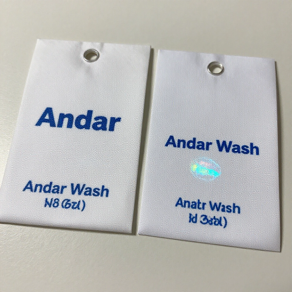 closeup comparison of authentic Andar wash label versus fake one under bright light detailed stitching and laser hologram visible on table surface