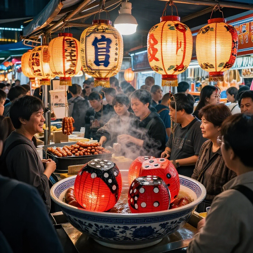 熱鬧台灣夜市香腸攤,人群圍大瓷碗看紅黑骰子,燈籠閃爍香腸滋滋響,歡樂氛圍滿滿