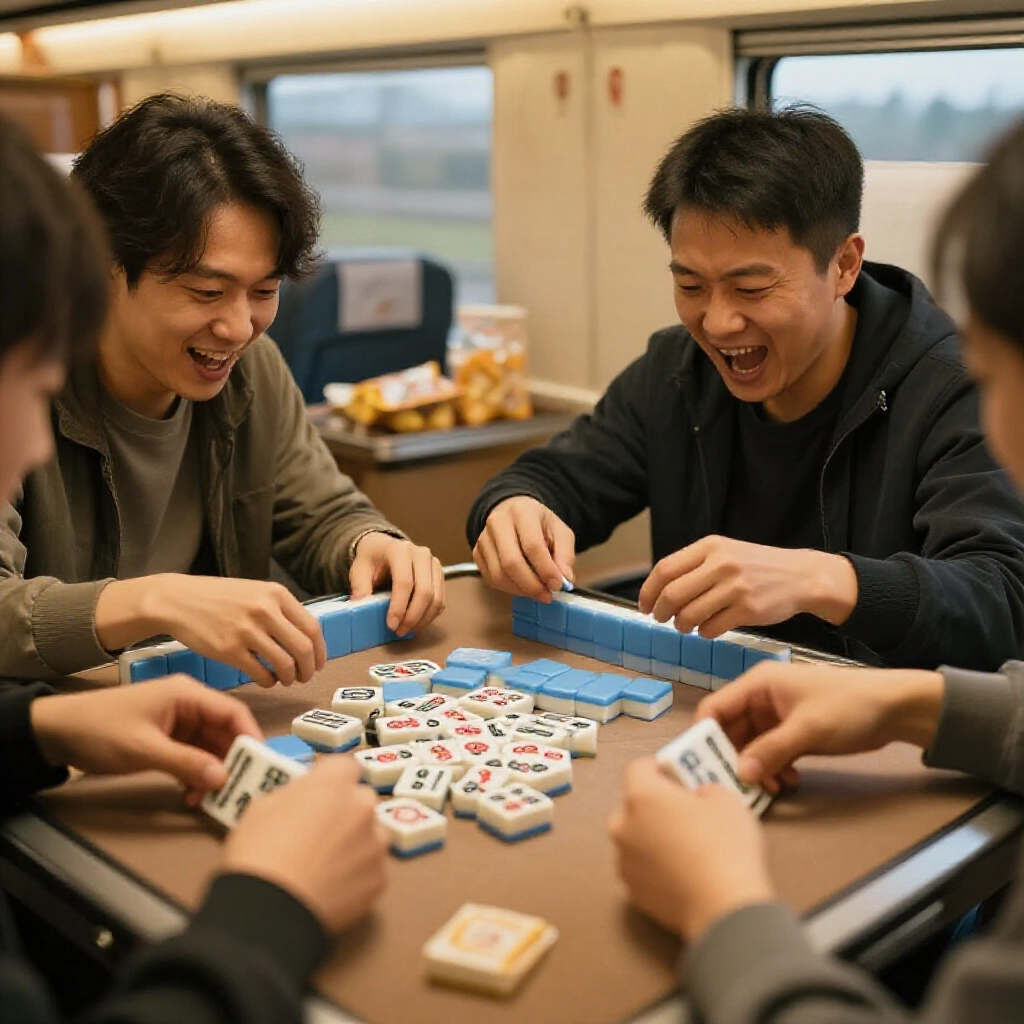 兩個興奮玩家在火車托盤桌上快速發紙牌麻將，手部專注小堆筒條字牌，窗邊暖光加旅行零食氛圍