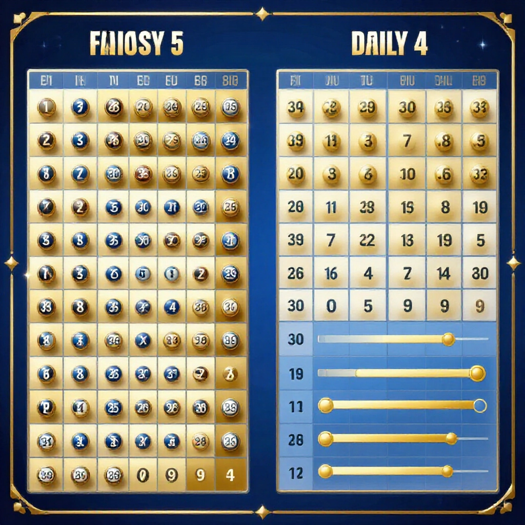 Fantasy 5跟Daily 4玩法對比圖,1到39號球跟0到9數字排表格,藍金色調對比清楚