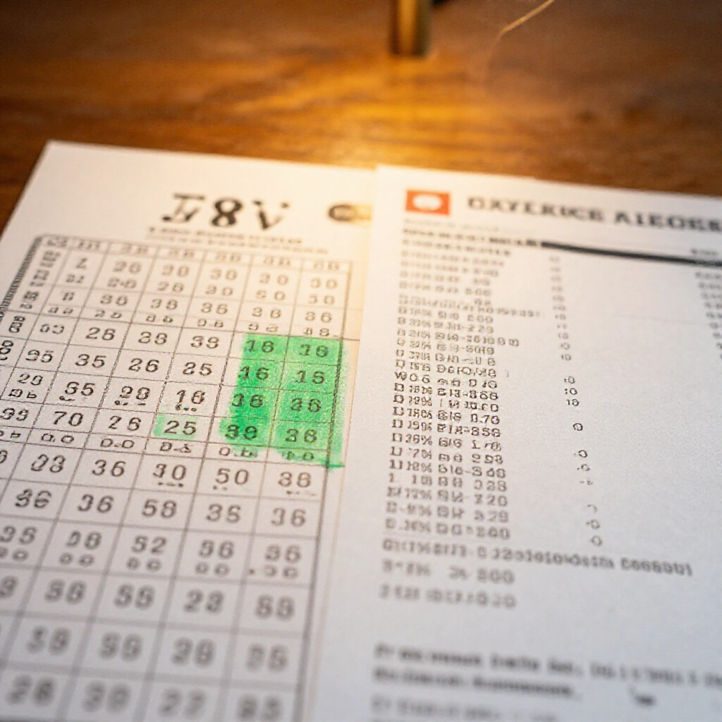 closeup of lottery ticket with two matched regular numbers and one special number highlighted in green next to award payout details on wooden table with warm lamp light