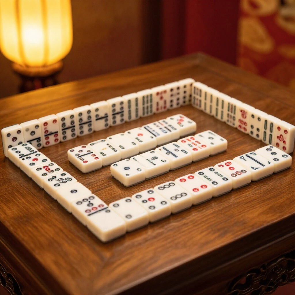 Traditional Chinese tien gow dominoes with 32 black and red dotted tiles arranged as wenzi pairs and wuzi singles on wooden table in warm festive lantern light