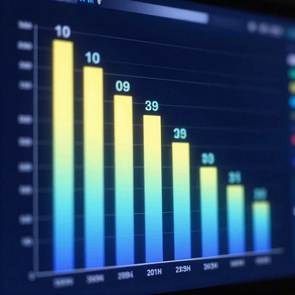 Stylish data visualization chart with glowing bars tracking missing periods, top ten numbers in ladder formation on a digital dashboard