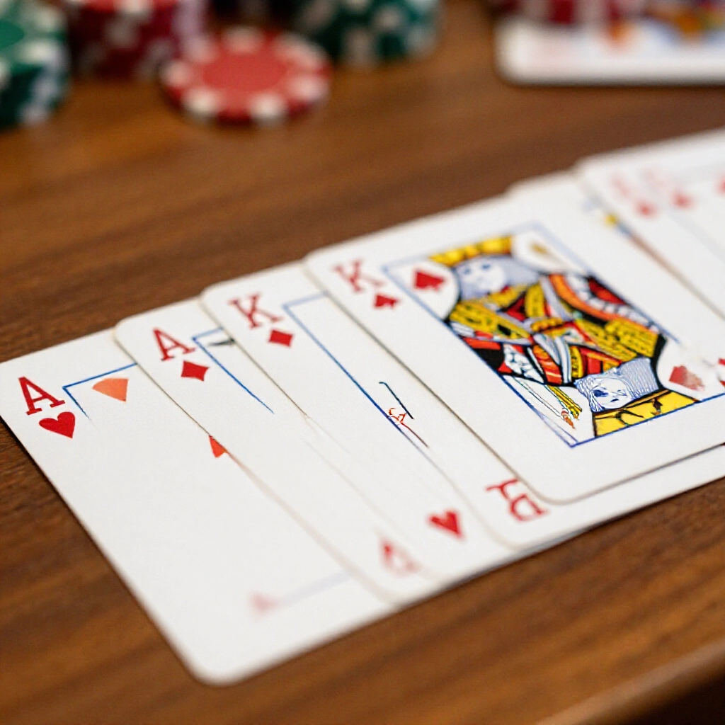 close up of poker cards showing ace through king on a table with annotations for rules like maid captain and crazy highlighting numbers one to thirteen in a clear chart format wooden surface blurred party background in the distance