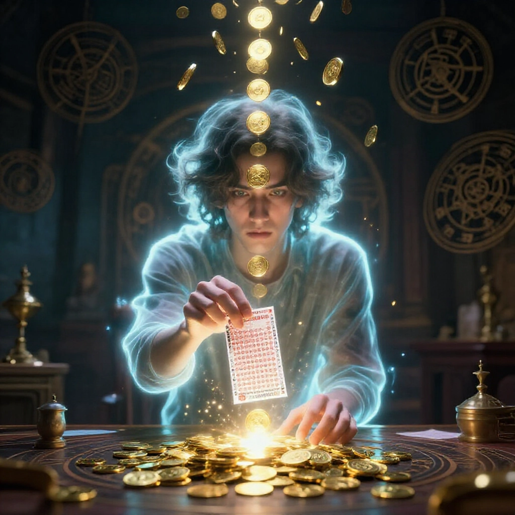 神秘光芒環繞直覺敏銳的人挑選樂透票，金幣如雨落下，周圍飄浮古老中國星宿符號