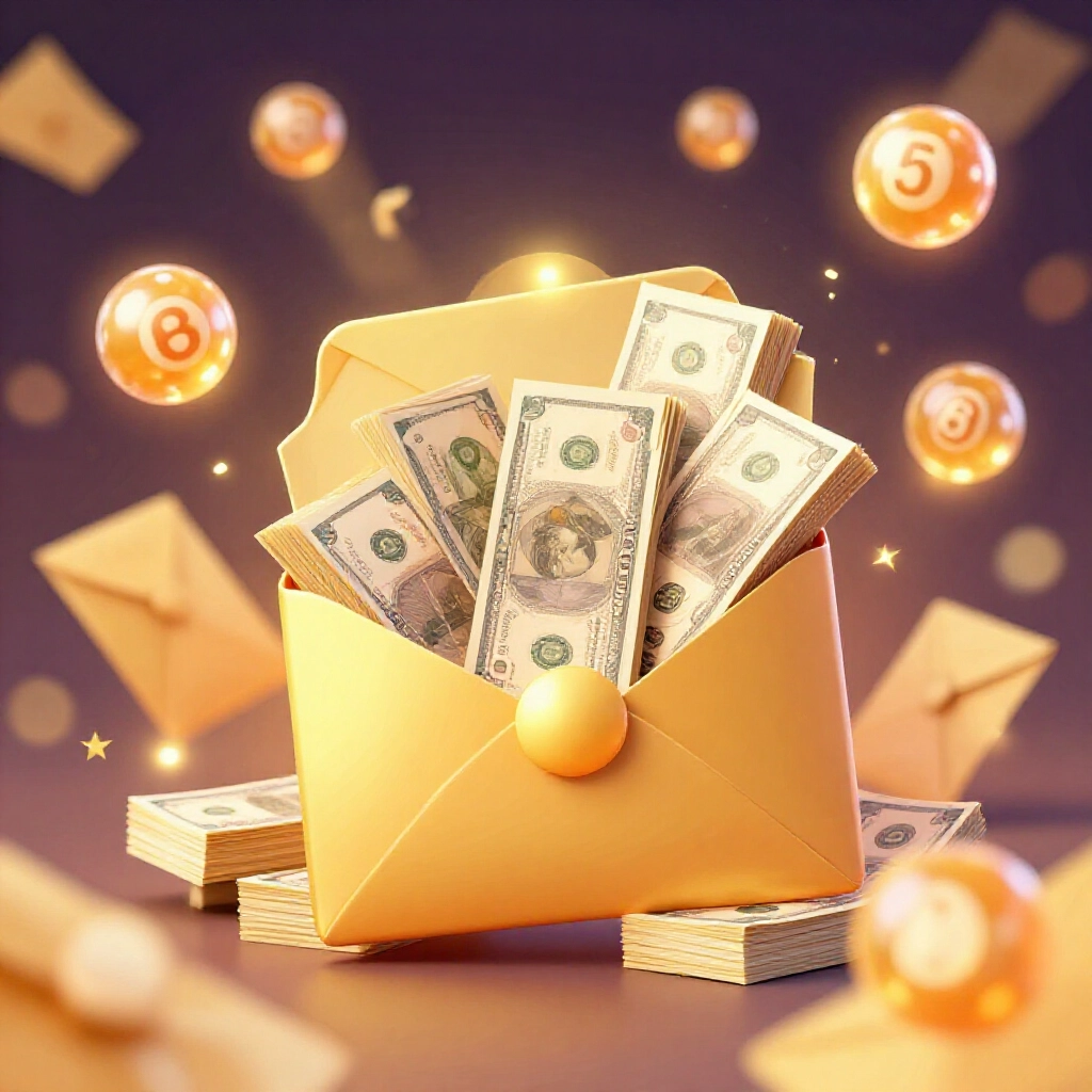 金色紅包滿溢現金與發光號球,營造節慶抽獎氛圍