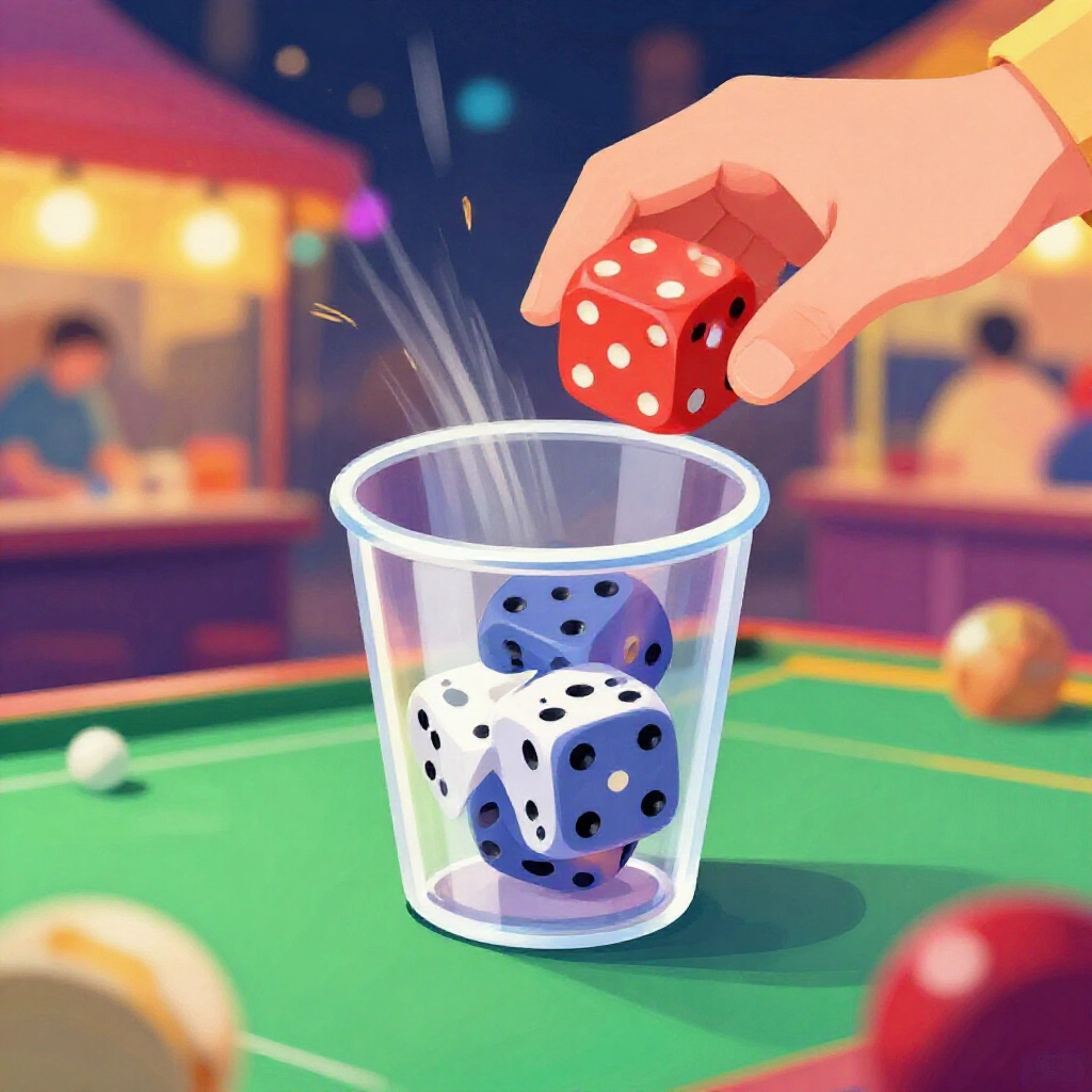 夜市攤位上玩家搖動骰盅，三顆單面骰子在盲公骰遊戲中充滿動感