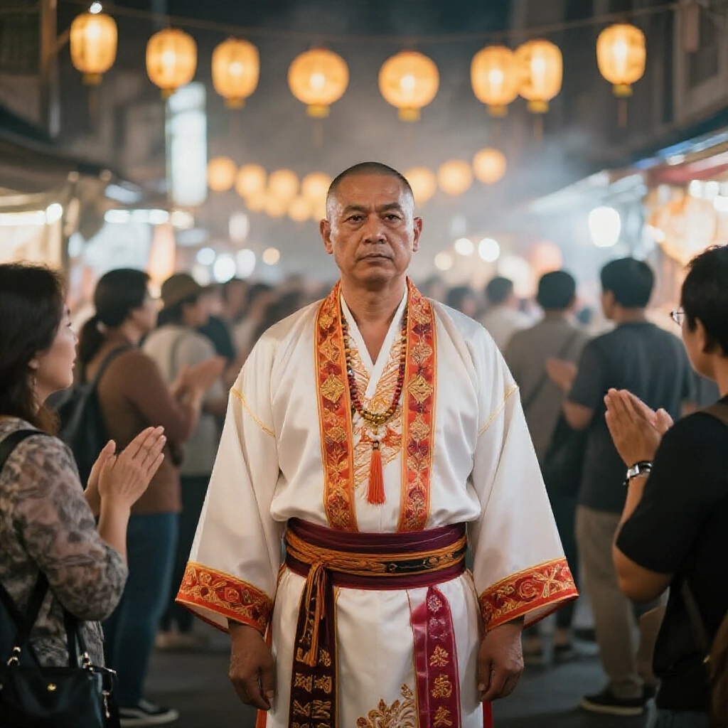 一位身穿傳統台灣服裝的領袖人物，站在熱鬧的嘉義夜市中，周遭民眾表現出敬意，燈籠暖光與薄霧營造出社會權威與調解力量的氛圍