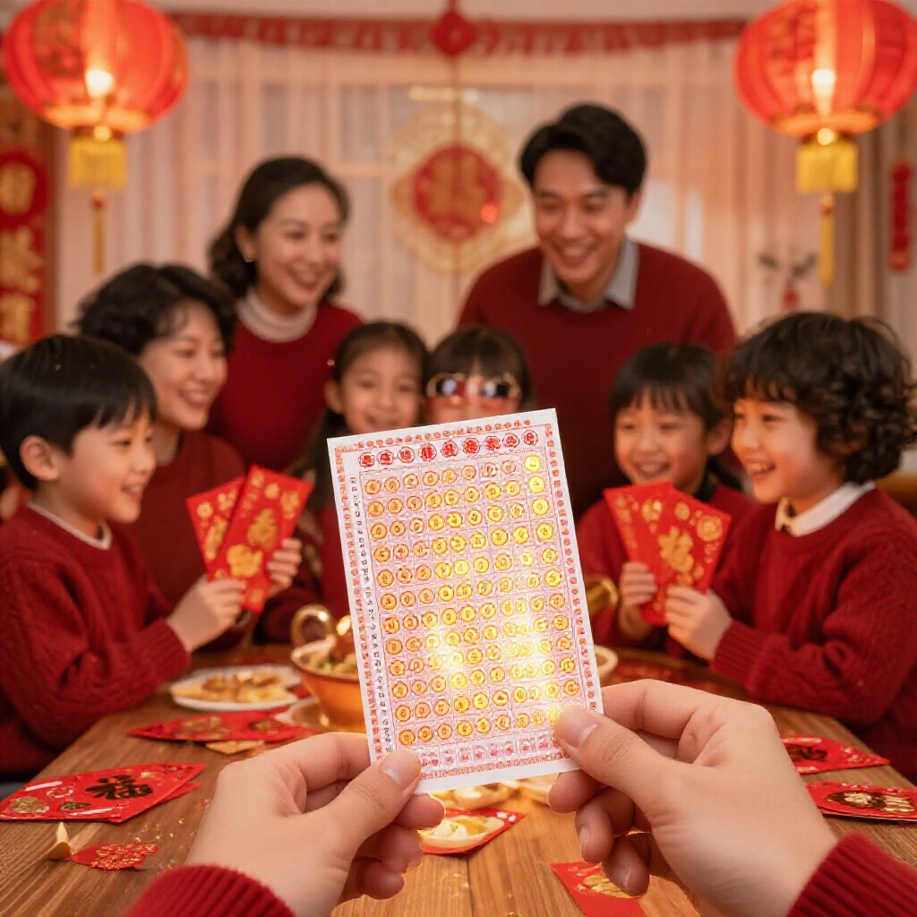 台灣家庭在春節圍著彩票開獎,紅包燈光溫暖喜氣洋洋