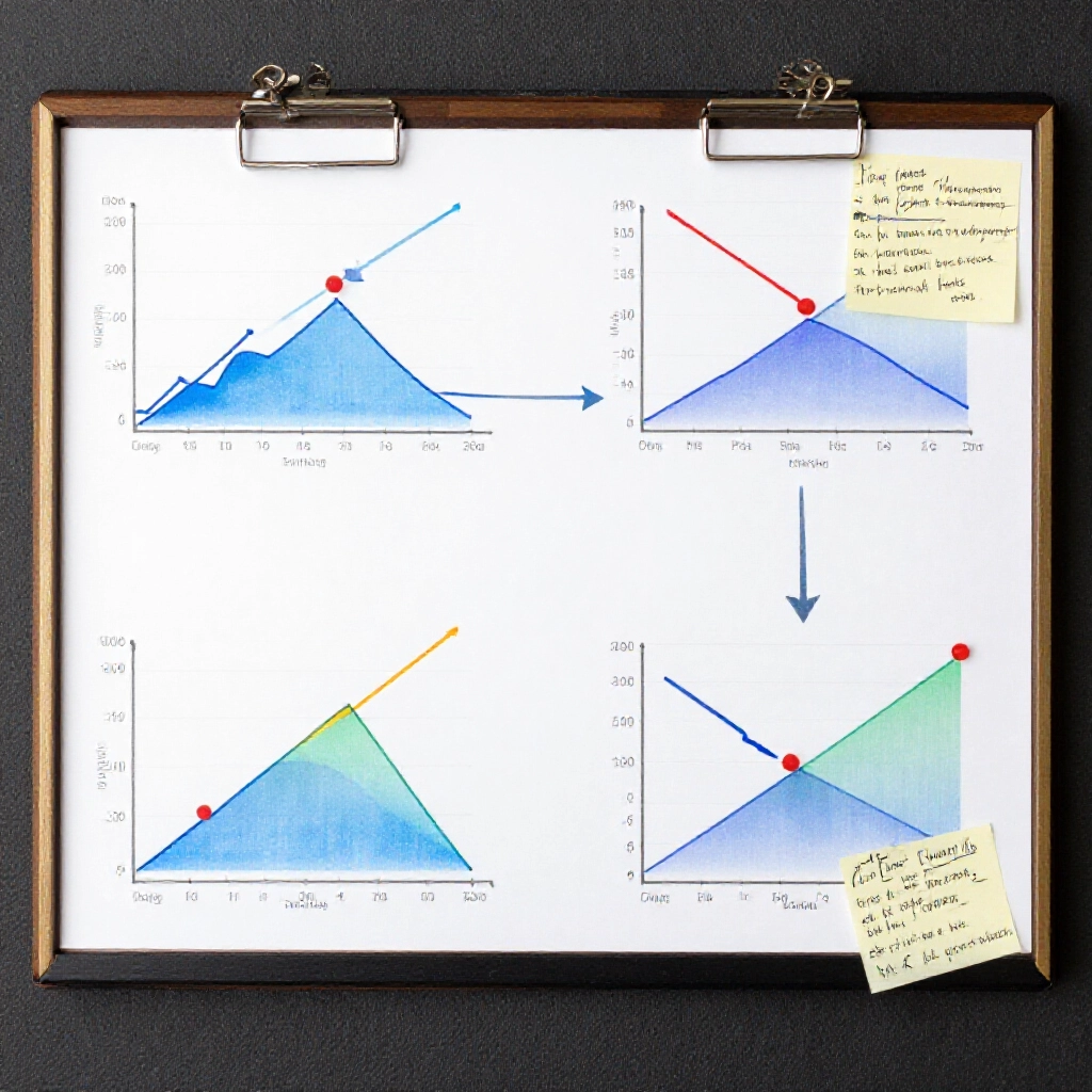 Strategy board with graphs of cold to hot number transitions arrows pointing from long omission zones to frequent appearances surrounded by analytical tools and notes