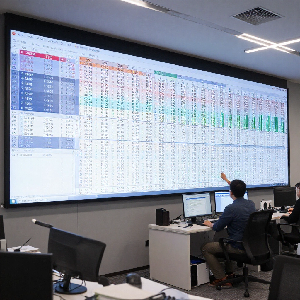 data analyst reviewing charts of 366 lottery draws showing 1800 numbers on large screens in modern office with graphs highlighting frequency trends