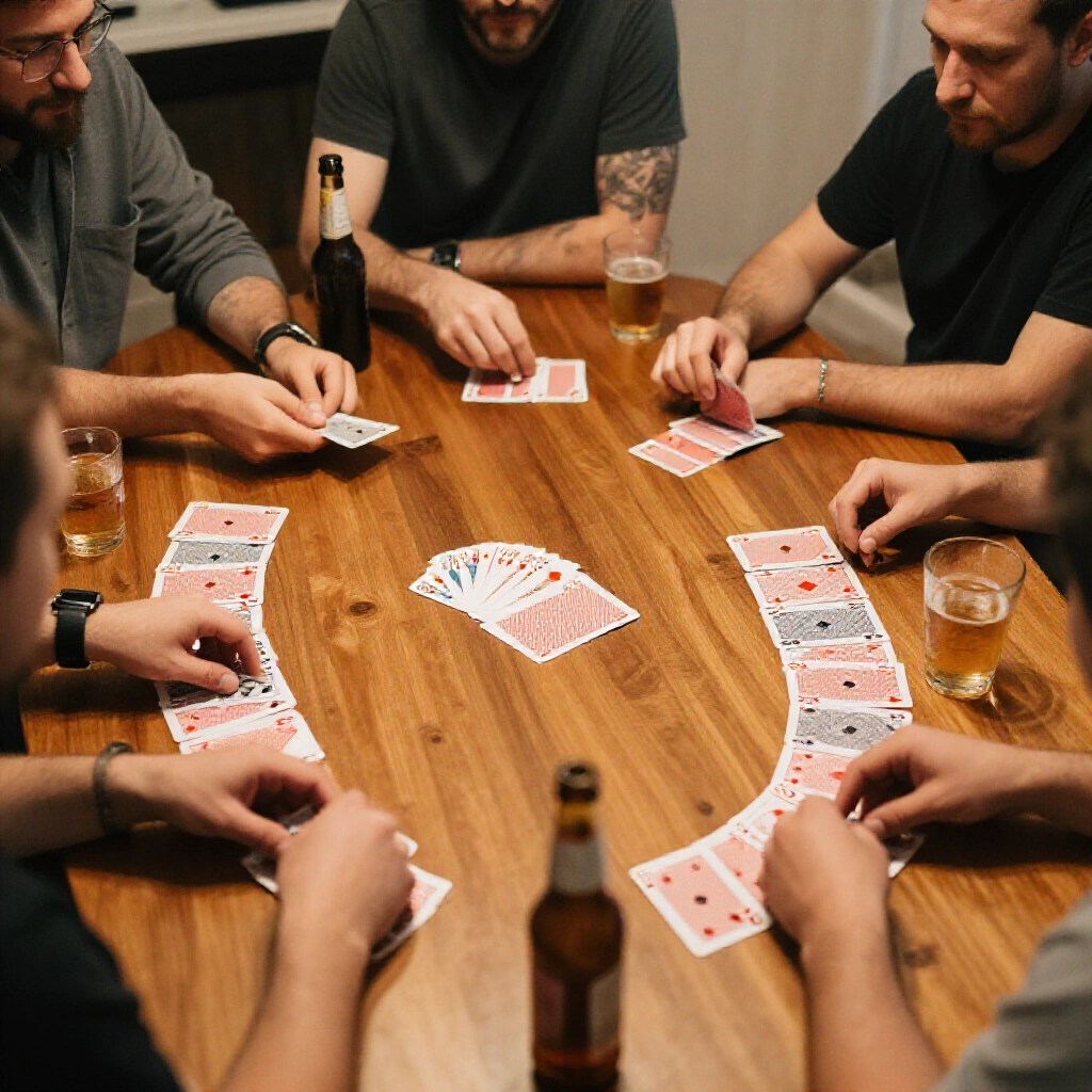 players sitting around a wooden table with a full deck of poker cards fanned out in a circle hands reaching to draw cards bottles of beer and glasses nearby focused expressions anticipating the next rule casual home party setting soft ambient light