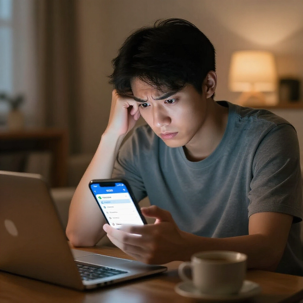 年輕人坐在溫馨客廳,盯著手機等驗證簡訊,台灣運彩 App 畫面顯示,旁邊筆電開啟垃圾郵件,露出困惑表情