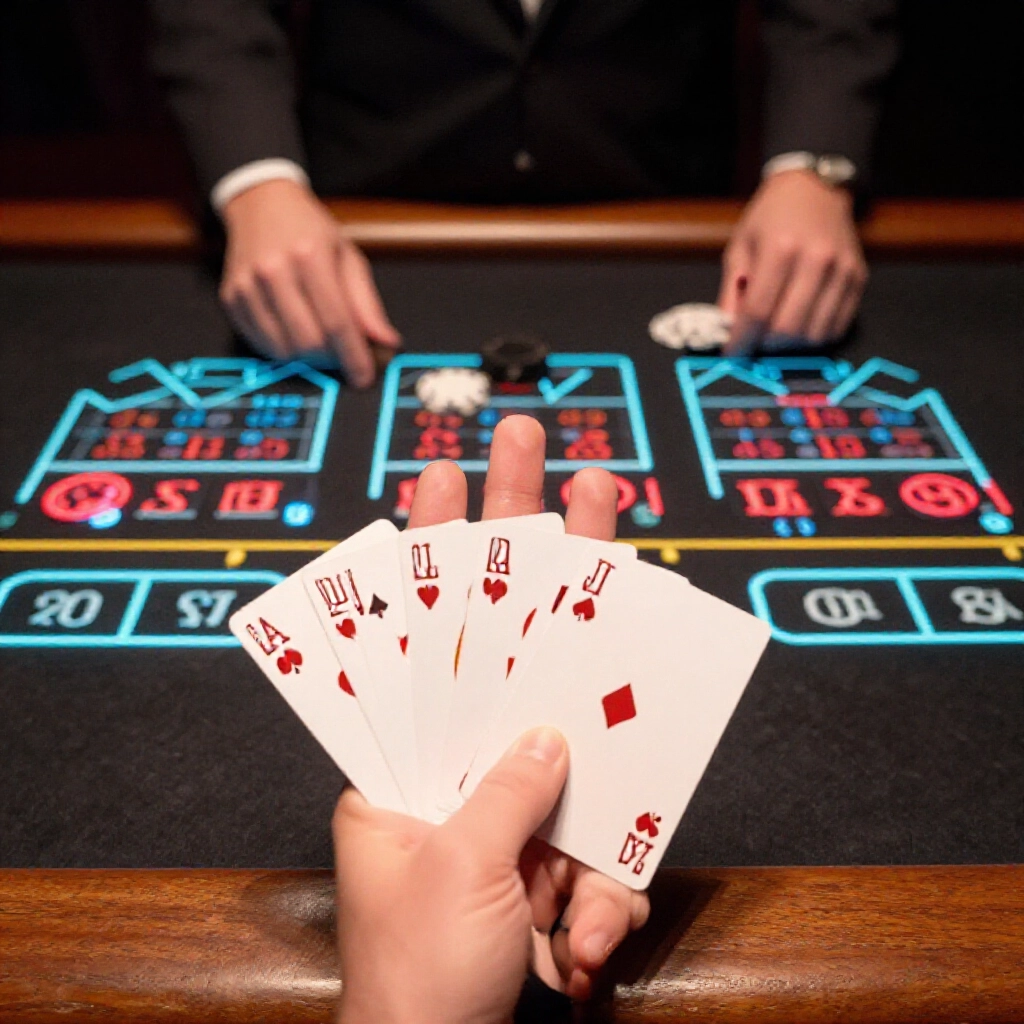 player hand showing hard total twelve facing dealer two with probability calculations visualized in glowing charts on wooden casino table