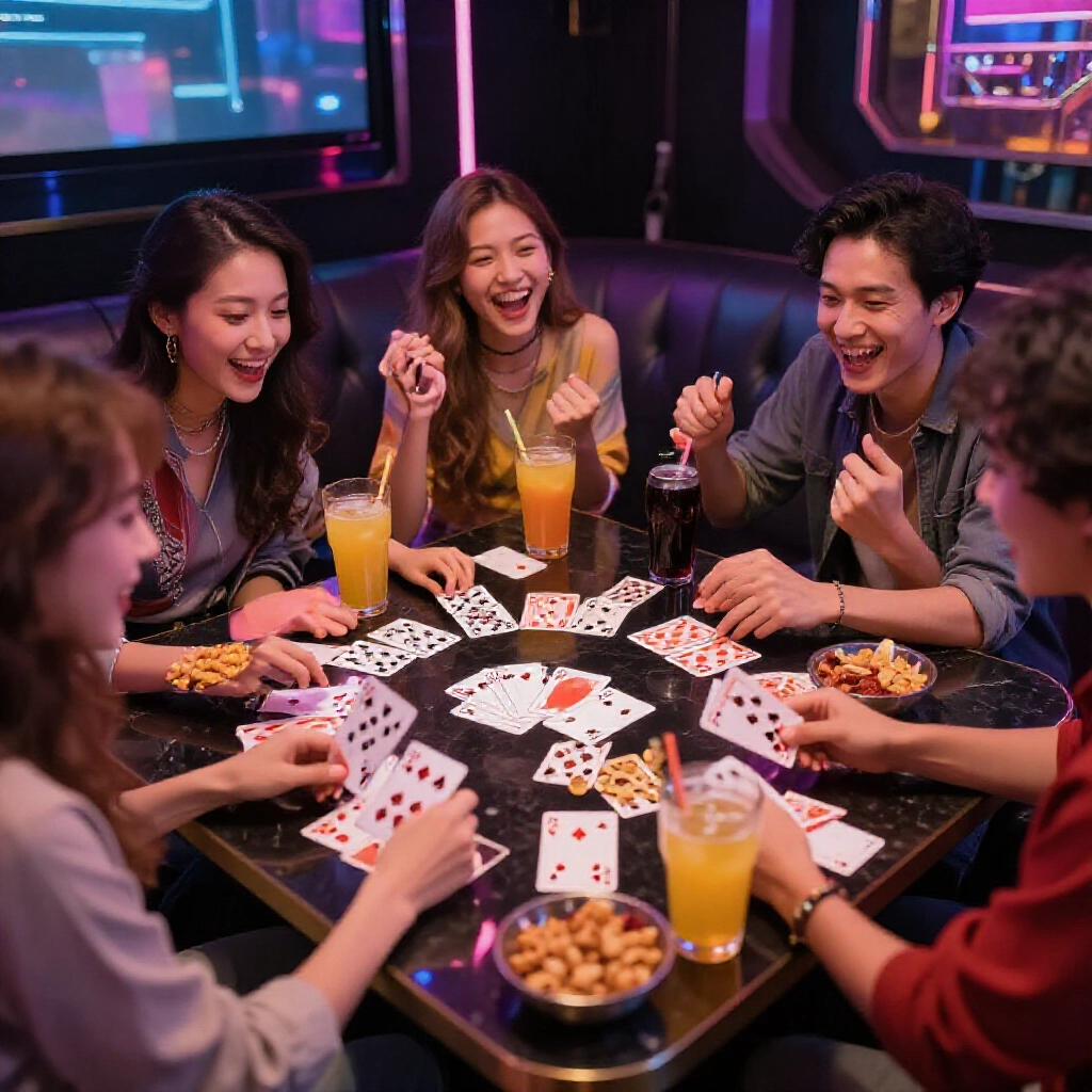 vibrant group of friends in a neon lit KTV room excitedly drawing poker cards from a scattered circle on the table surrounded by colorful drinks and snacks laughing and cheering energetic party atmosphere warm lighting