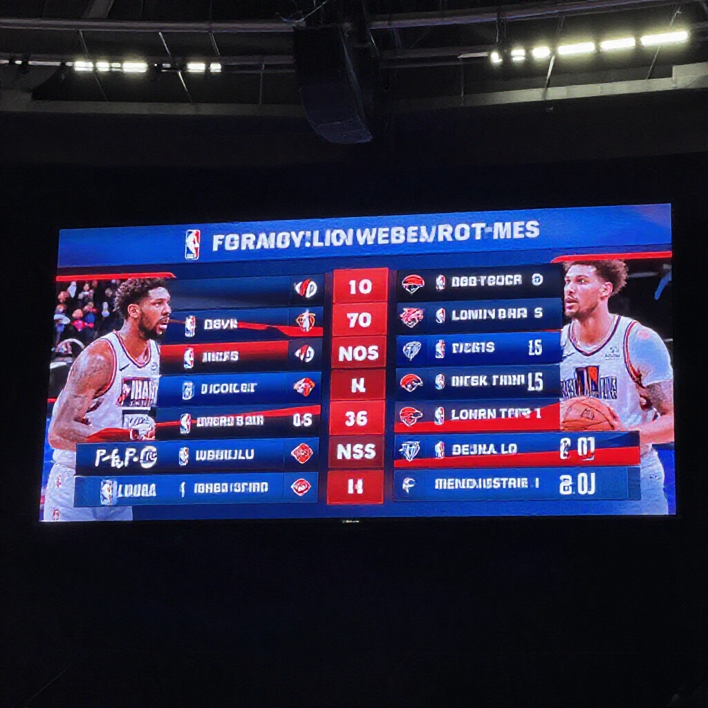 NBA強隊壓制弱隊場面,低不讓分賠率閃爍電子板,策略師分析背靠背賽程燈光通明
