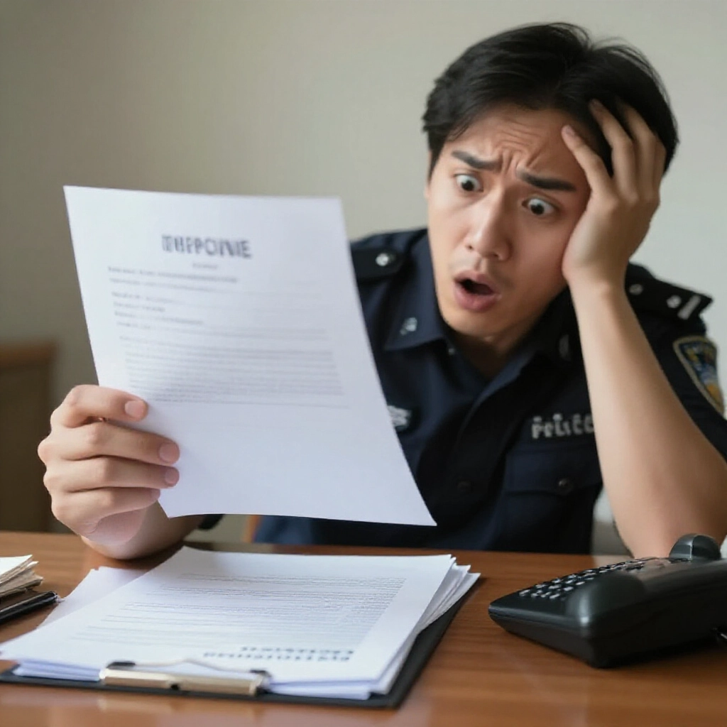 焦慮男子握著警察傳票,震驚盯著文件,一邊撥電話,桌上堆滿文件,室內近拍