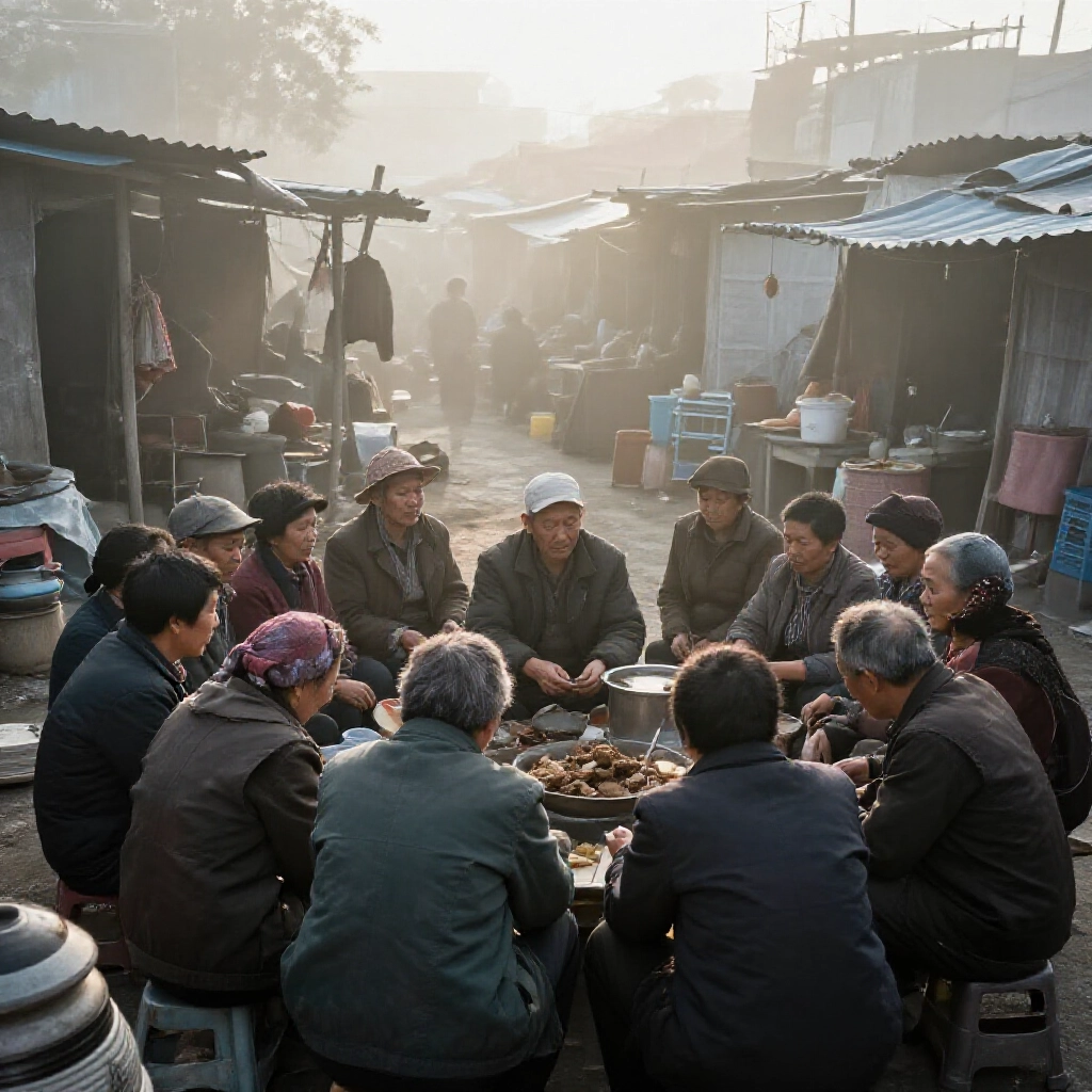 early Kaohsiung immigrant group around a key leader settling disputes by makeshift stalls in foggy morning, showing mutual aid and exclusion