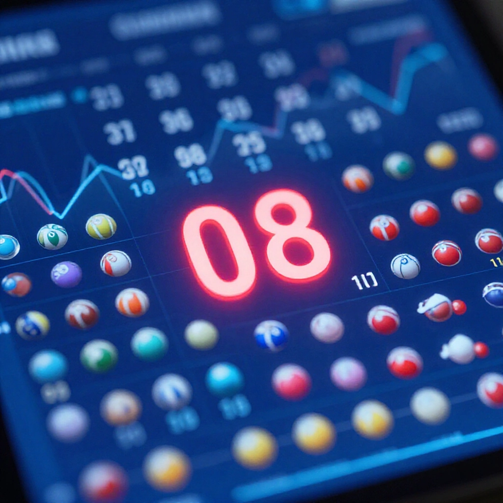 Digital chart showing lottery number 08 with omission counter at 10 periods glowing red amid colorful ball icons and trend lines in futuristic blue toned interface