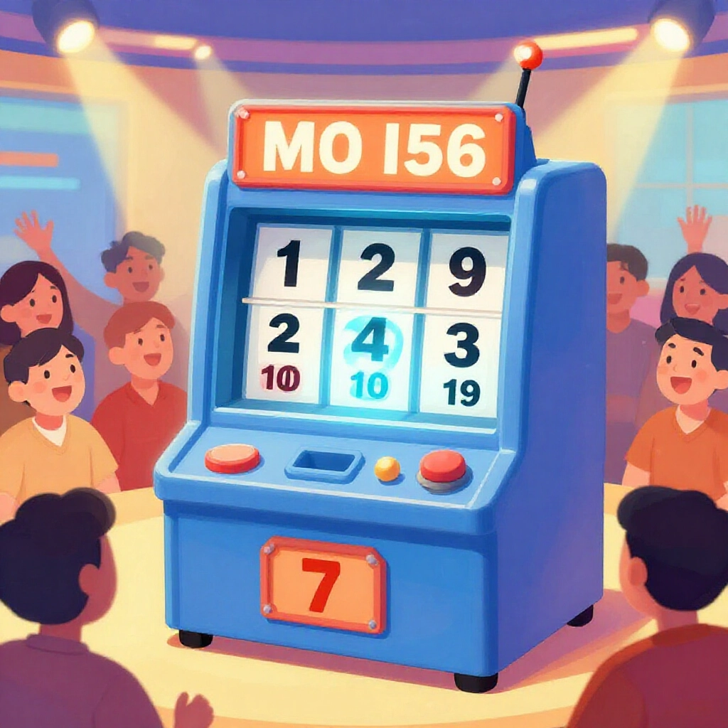 illustration of lottery drawing machine releasing six regular numbers followed by a glowing seventh special number in a brightly lit studio with excited audience watching