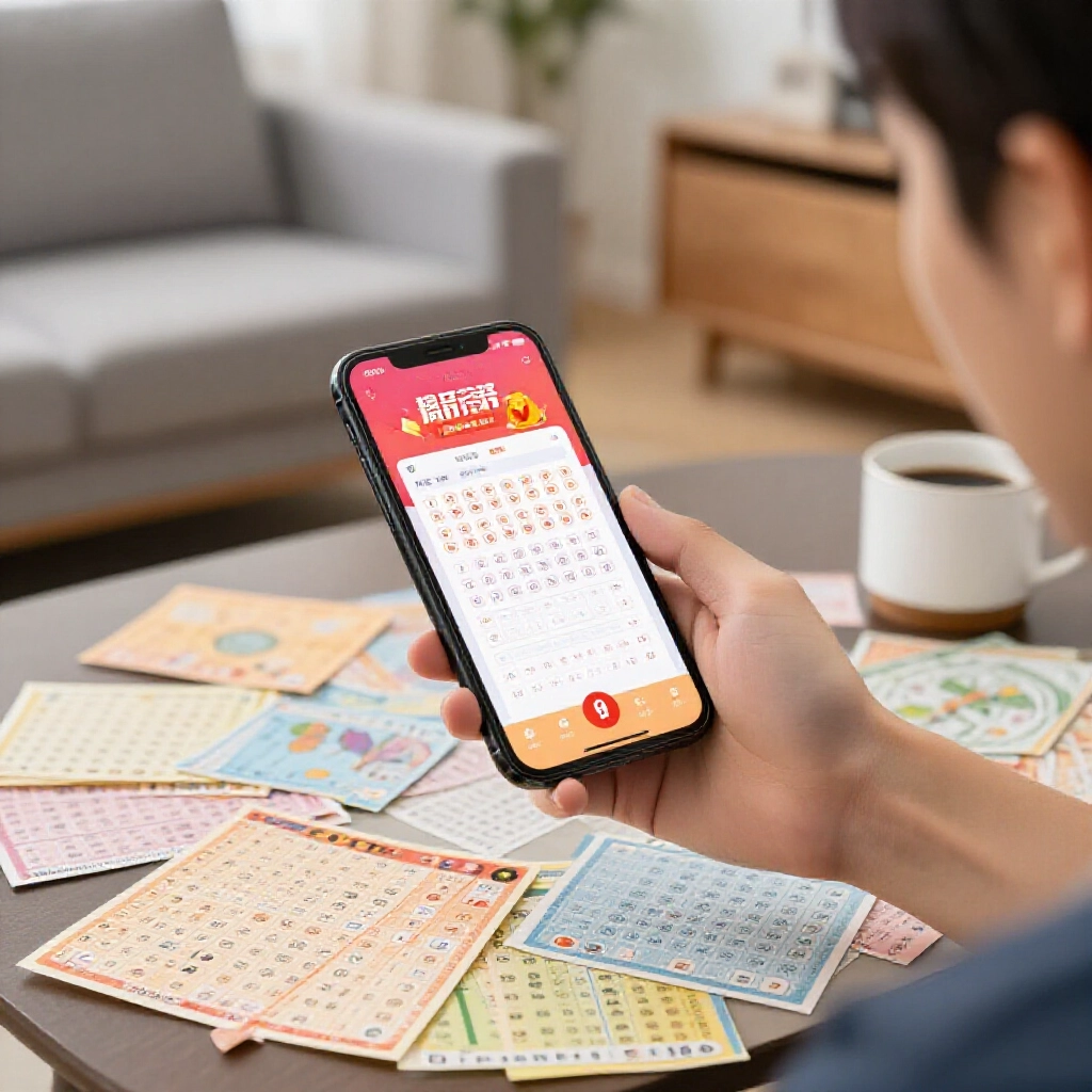 Taiwanese player holding mobile phone downloading lottery tool surrounded by colorful lottery tickets and coffee mug in modern living room atmosphere