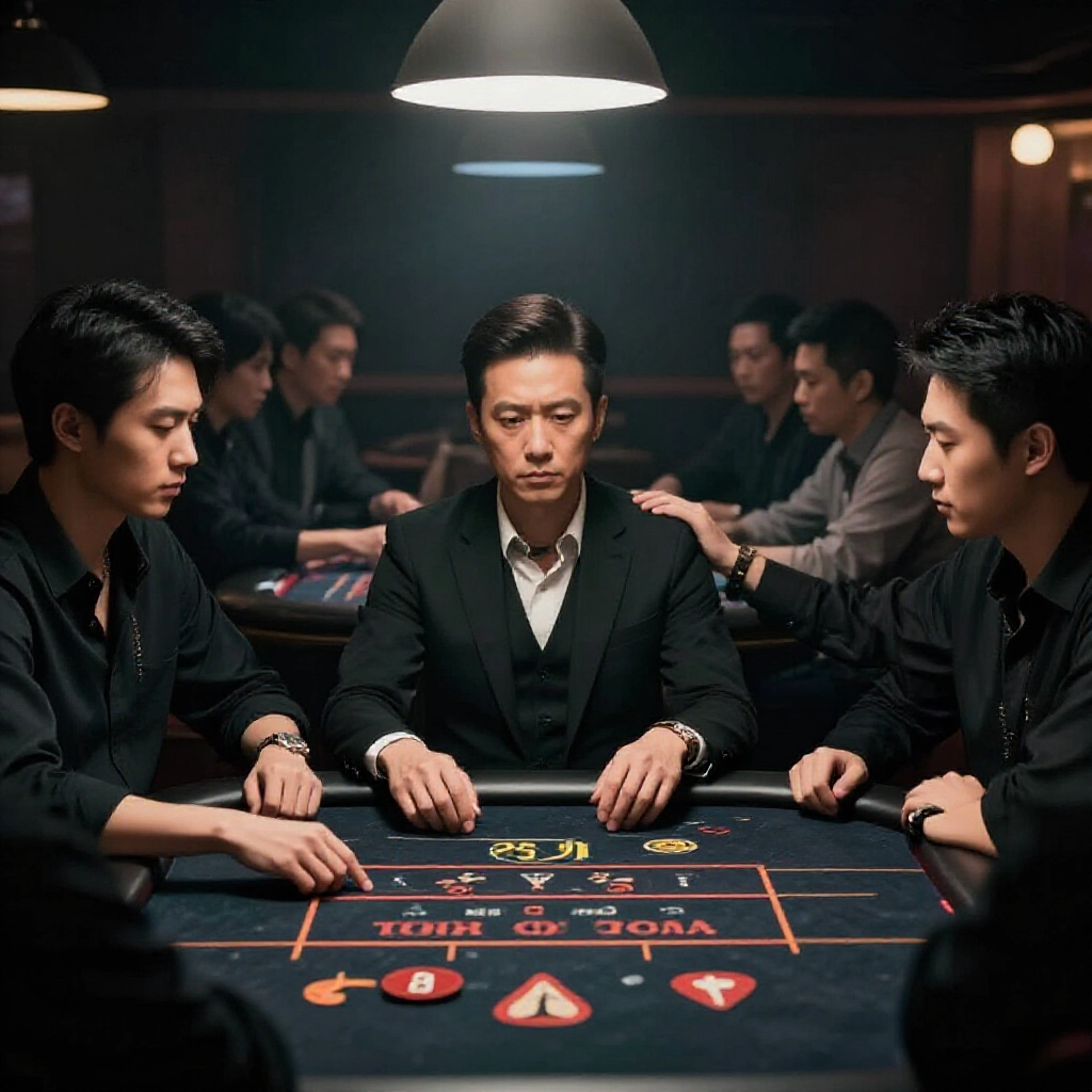 Taiwanese gamblers at tense black particle game table sternly avoiding shoulder pats and book glances in dimly lit smoky room capturing strict taboo atmosphere