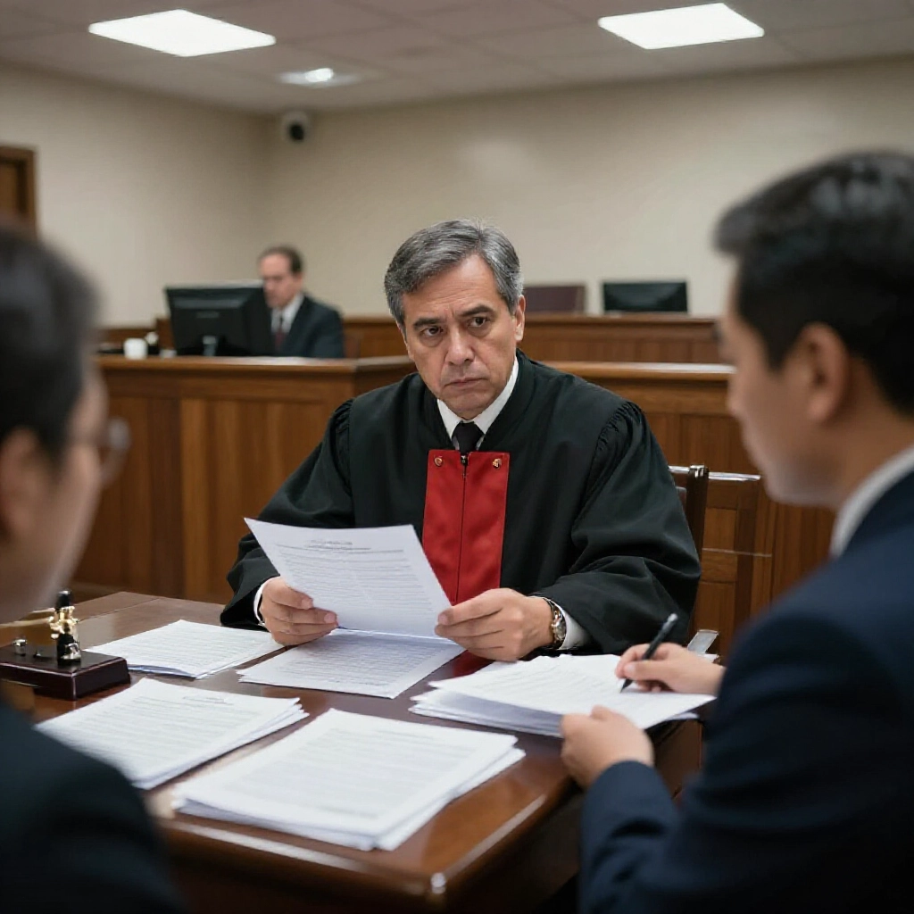 法庭內法官檢視洗錢法文件，桌上堆滿凍結帳戶對帳單，律師激烈辯論，木椅下刺眼螢光燈，大家表情嚴肅，聚焦法律後果
