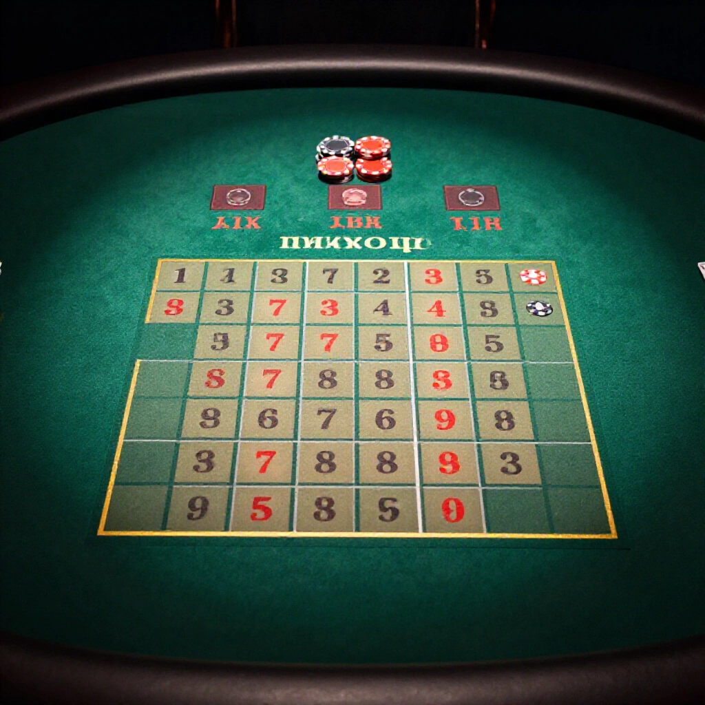 casino table with blackjack strategy chart displaying decision matrix for player hands against dealer upcards under focused spotlight lighting