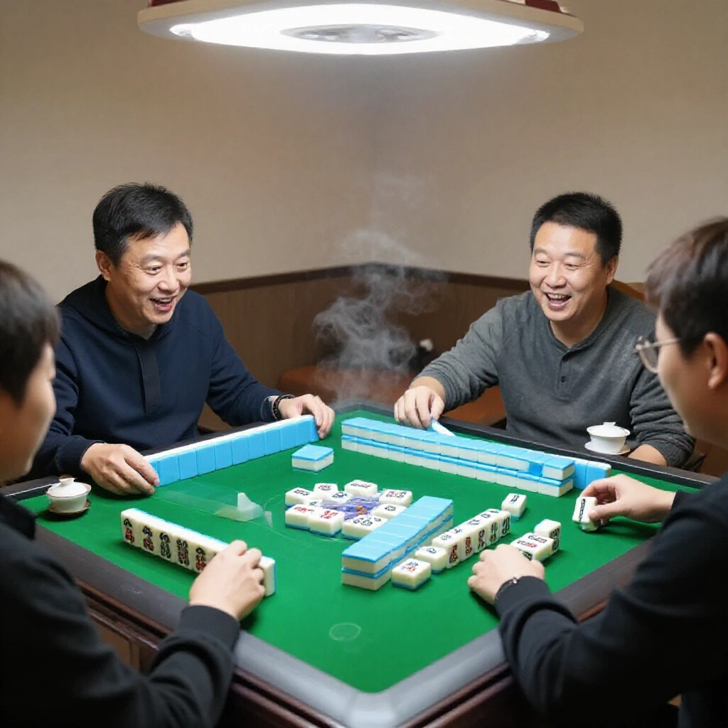 台灣麻將桌前四人圍坐,一玩家伸手吃上家丟出的牌湊成123萬順子,綠氈桌面熱茶裊裊興奮神情暖光灑落