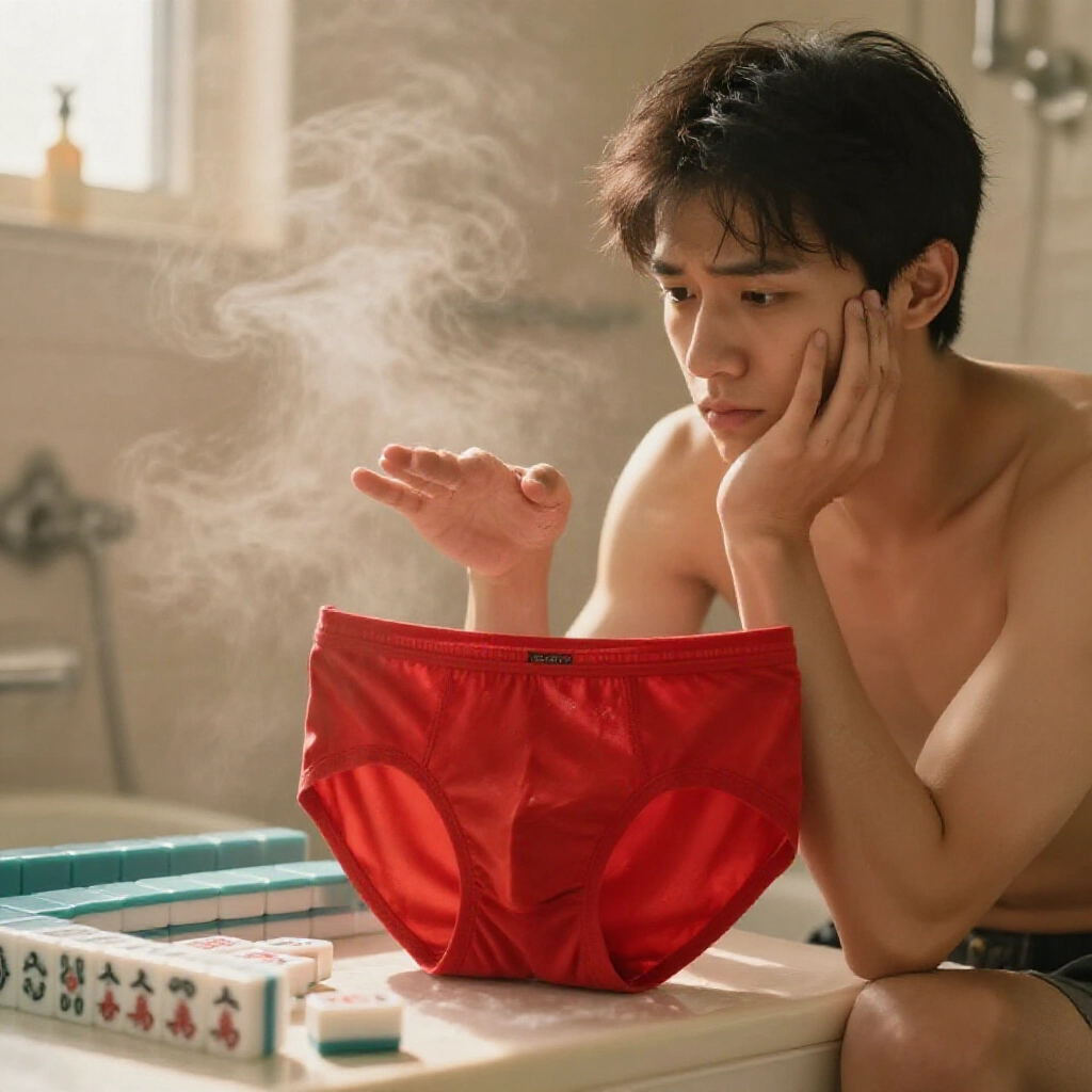 玩家猶豫是否淋浴前換下幸運紅內褲，浴室蒸氣瀰漫，麻將牌散落旁邊，柔和金光映照沉思臉龐