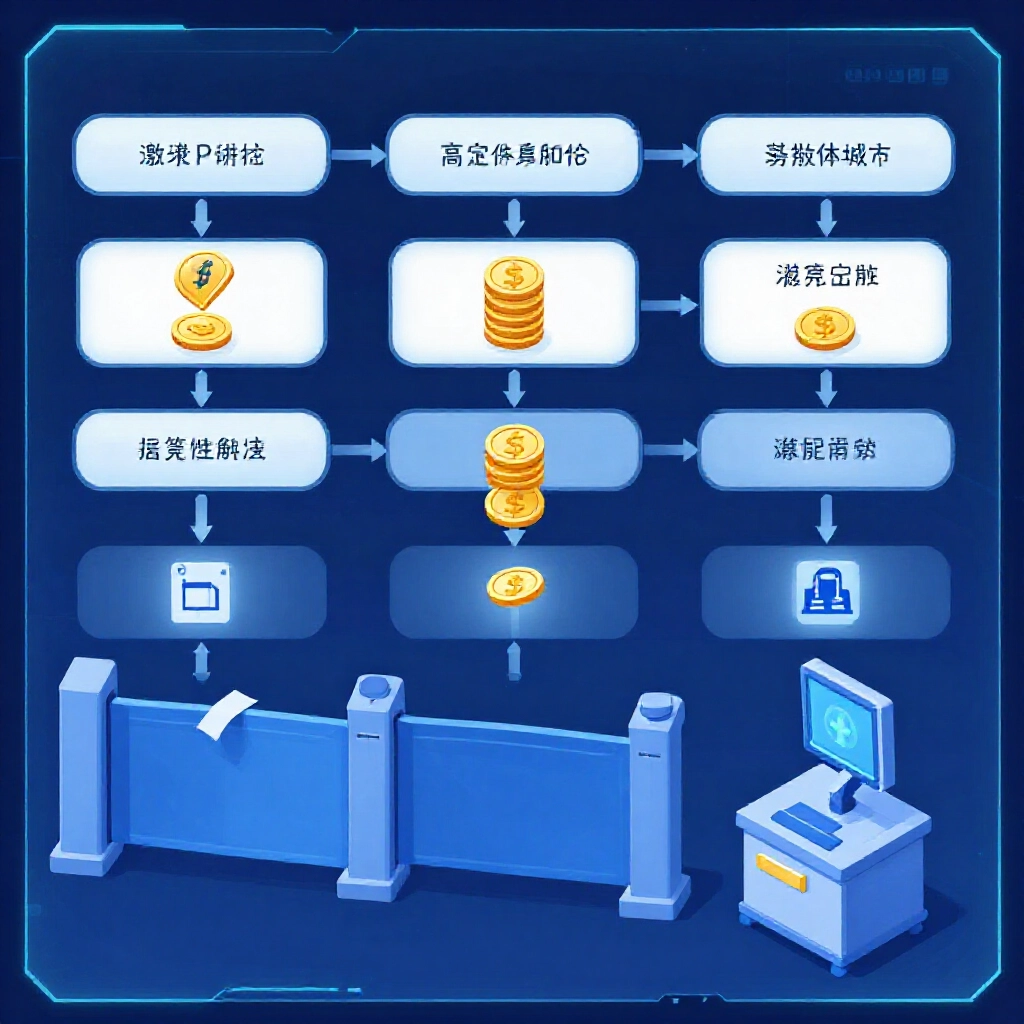 Digital flowchart showing coins transforming from game points to bank accounts passing through automated review gates and security scanners in a sleek cyber blue interface